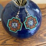 Painted wood and glass folk art style earrings Blue Photo 0