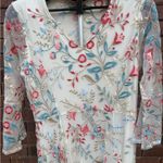 Reba McEntire Floral Embroidered Dress Cream Coral Blue Womens Size Large Maxi Photo 2