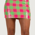 Trina Turk  Rico Sequin 4 Pink‎ Green Neon Plaid Checkered Mini Skirt Photo 0