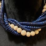 Womens Blue Beige Wood Beaded Multiple Layer Necklace Jewelry with S Hook Clasp Photo 1