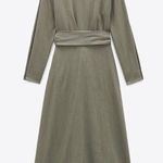 ZARA Linen Blend Midi Khaki Belted Dress Size XS Photo 0