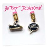 Betsey Johnson  Shoe, Cool Quote and Pencil Mismatch Stud Earrings Black Gold Photo 0