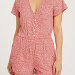 Gap Red Floral Print Button Front Romper Shorts Belted Pockets Size M Photo 0