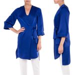 Badgley Mischka Side Tie Satin Duster Tunic Dress Women's Small Blue Mini Wrap Photo 2