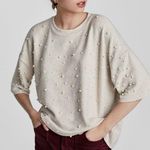 ZARA Trafaluc Pearl Beaded Knit Quarter Sleeve Oatmeal Beige Sweater Size Small Photo 0