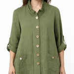 John Mark  Olive Green Textured Button Front Shirt Tunic Top Size Small Roll Tab Photo 0