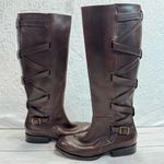 Frye Jordan Strappy Tall Brown Genuine Leather Riding Equestrian Boots Low Heel Photo 0
