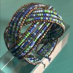 Set 3 Adjustable Wire Cuff Multicolored Glass Hematite Tigers Eye Bead Bracelets Black Photo 4