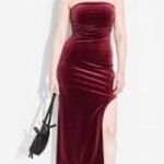 Wild Fable Ruched Velvet Strapless Midi Dress Deep Red Thigh Slit Size M NWT Photo 2
