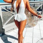 Beach Joy NWT White Metallic Plunge One Piece Swimsuit Size Medium Bridal Bow Photo 10