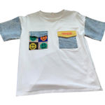Pastel Graphic Tee Denim Sleeve‎ Pocket Smiley Face Top White Casual L Size L Photo 0