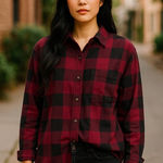 Wild Fable  Women's Shirt S Long‎ Sleeve Button-Down Plaid Buffalo Check Burgundy Photo 0
