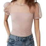 EXPRESS  Blush Pink Short Balloon Sleeve Tulle Trim‎ Stretch Top NWOT $37 Small Photo 0