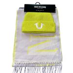 True Religion NWT  Neon Yellow Hat and Scarf Set All Over Logo Fringe Comfy Photo 1