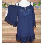 Flying Tomato  Blue Blouse Top Size L Lace Hem Tunic Up V-Neck Casual Photo 5