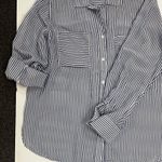 Thread and Supply Women’s button down shirt roll tab sleeves blue white vertical stripes Photo 0