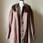Vintage 60s Pure Wool Swing Coat Button Down Tan Brown Fur Collar Medium Brown Photo 3