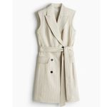 H&M Linen Blend Jacket Dress Belted Light Beige Pinstripe Size Large NWT Photo 1