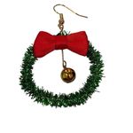 Christmas Wreath Bell Bow Earrings Glitter Dangle Earrings Sparkly Holiday NEW Green Photo 1