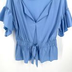 Milly  Vivian Drawstring Waist Stretch Poplin Blue Short Sleeve Blouse Top Photo 3
