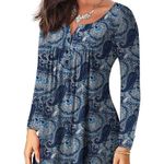 A. Jesdani Blue and White Floral Paisley Y2K Print Long Sleeve Tunic Top Size M Size M Photo 1