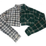 Adika  Cropped Plaid Button Down Split Color Green and White Photo 0