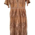 Magnolia Boutique Fairytale Romance Romper Lace‎ Maxi Dress Sleeves VNeck Small Tan Photo 0