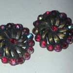 Vintage Aged Brass Tone AB Red CZ Rhinestone Round Clip On Earrings Photo 2