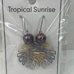 Women’s Monstera Leaf Blue Pearl Shepherd Hook Stainless Steel Earring NWT Photo 1