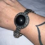 Vintage Silver Tone Large Black Stone with Flower and Rhinestone Embellishments Photo 0