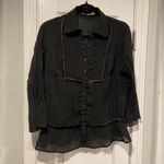 Notations  Size S Black Sheet Pleated Satin Trim Button Front Ruffle Blouse Photo 0