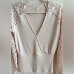 Anthropologie  Twofer Faux-Wrap Sweater Blouse with Lace Puffed Sleeves, Size S Photo 5