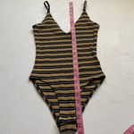 Topshop  Metallic Striped Ribbed Bodysuit Size 4 | Gold Pink Black V-Neck One Pie Photo 4