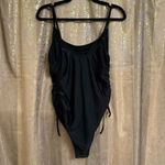 Womens Solid Black Ruched High Cut Side Tie One Piece Swimsuit XL NWOT Photo 1