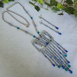 Vintage Art Deco Vibes Silver and Blue Crystal Necklace and Earrings Set Photo 1