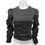 ZARA  Black Denim Ruched Puff Long  Sleeve Zip Up Crop Jean Shirt Blouse Top XS Photo 0