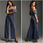 Anthropologie  Velvet Jumpsuit Size 10 Blue Off Shoulder Ruched Wide Leg Occasion Photo 1