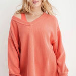 Aerie Wonder Textured V Neck Oversized Sweatshirt Saturn Peach Top Coral Orange Photo 0