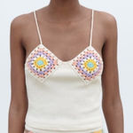 ZARA Crochet Granny Square Ribbed Crop Tank Top Cream Purple Size Medium Large Photo 0