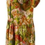 Vintage 60s Floral Butterfly Print Shirt Dress Midi High Neck Green Orange XL Photo 1