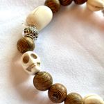 Skull Bracelet White Brown Red Blue Silver Boho Ceramic Wood Stretchy Multiple Photo 3