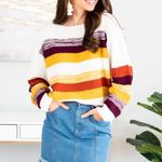 Mint Julep Boutique Yellow Purple & White Striped Wide Neck Sweater Photo 0