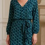 Laundry by Shelli Segal  Blue Green Geometric Blouse Drawstring Tie Mini Dress 10 Photo 0