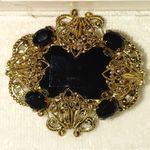 Brooch Black Edwardian Revival Mourning Czech Gilded Metalwork Gold Filigree Size 2 Photo 8