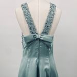 Vintage 90s Satin Gown Fit & Flare Floral Lace Bodice Bow Back Mint Green Blue 4 Photo 12