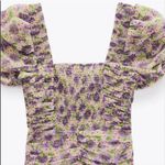 ZARA NWT  Draped Ruched Puff Sleeves Floral Lilac Bodycon Mini Dress Milkmaid XS Photo 4