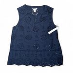 Caslon Sleeveless Top Womens Size S Navy Blue Eyelet V-Neck Floral Photo 1