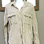 Flawless  Women’s Button Down Tan and Cream Striped Ling Sleeve Shirt- Medium Photo 0