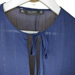 ZARA  Keyhole Ruffle Hem Sheer Top Womens Size L Bell Sleeves Navy Metallic Photo 3