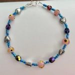 Handcrafted Pink Blue & Silver Hearts Beaded Bracelet Photo 2